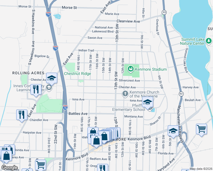 map of restaurants, bars, coffee shops, grocery stores, and more near 843 Chester Avenue in Akron