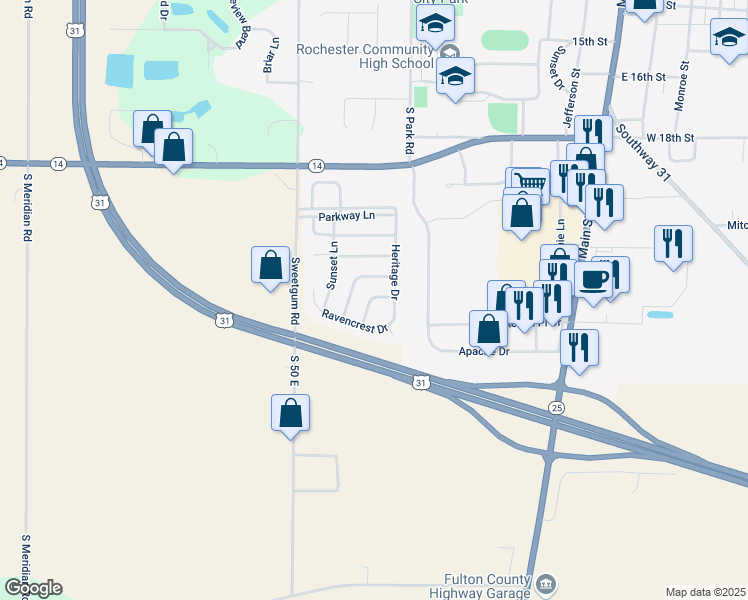 map of restaurants, bars, coffee shops, grocery stores, and more near 709 Monarch Lane in Rochester