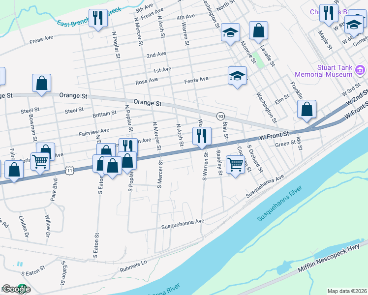 map of restaurants, bars, coffee shops, grocery stores, and more near 138-198 N Arch St in Berwick