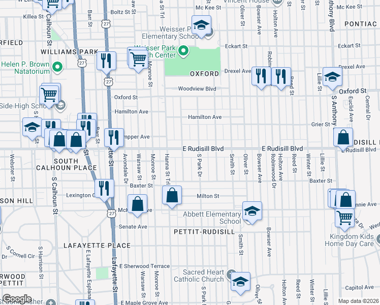 map of restaurants, bars, coffee shops, grocery stores, and more near 725 East Rudisill Boulevard in Fort Wayne
