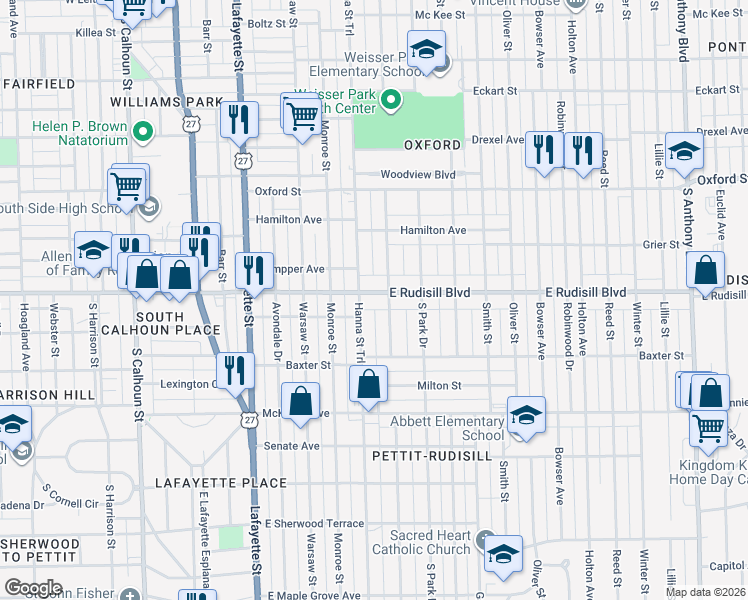 map of restaurants, bars, coffee shops, grocery stores, and more near 714 East Rudisill Boulevard in Fort Wayne