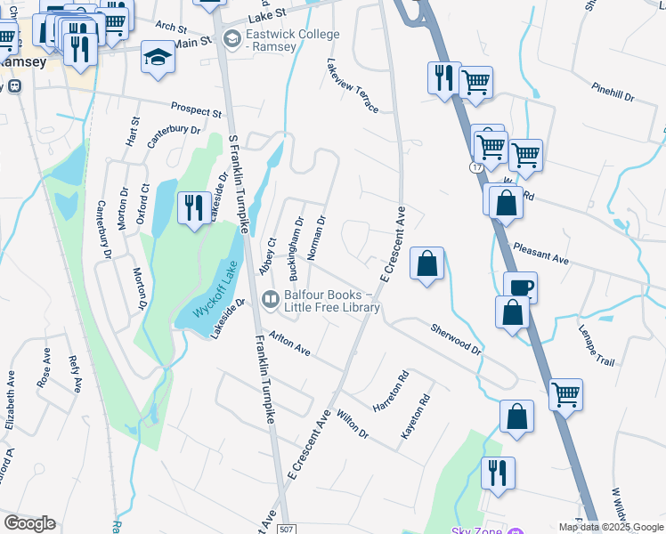 map of restaurants, bars, coffee shops, grocery stores, and more near 283 Norman Drive in Ramsey