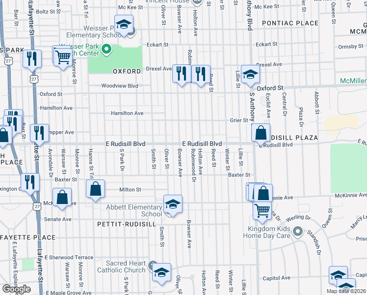 map of restaurants, bars, coffee shops, grocery stores, and more near 3818 Robinwood Drive in Fort Wayne