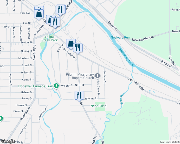 map of restaurants, bars, coffee shops, grocery stores, and more near 26 Prospect Street in Struthers