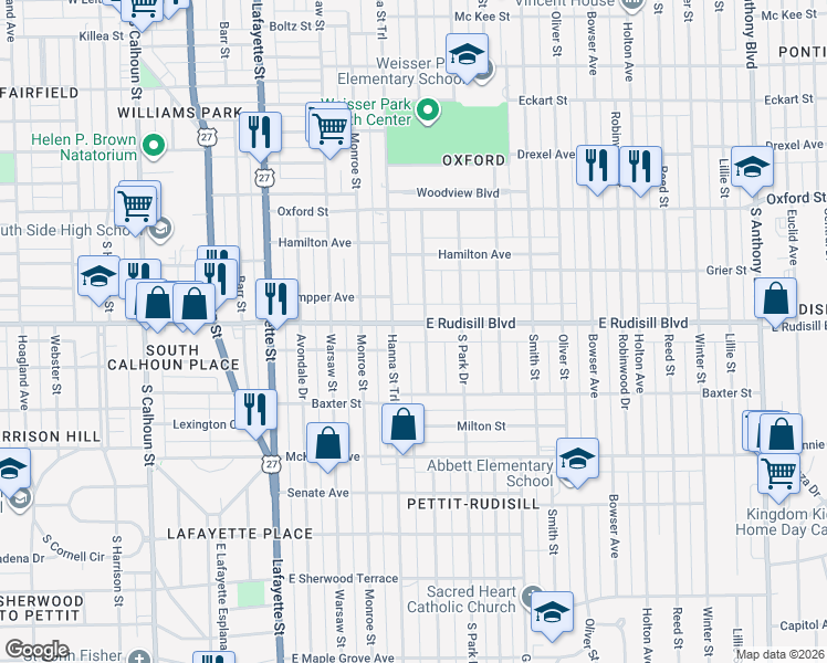 map of restaurants, bars, coffee shops, grocery stores, and more near 725 East Rudisill Boulevard in Fort Wayne