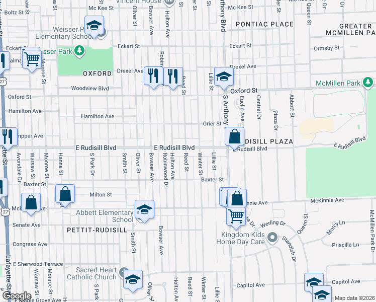map of restaurants, bars, coffee shops, grocery stores, and more near 1504 East Rudisill Boulevard in Fort Wayne