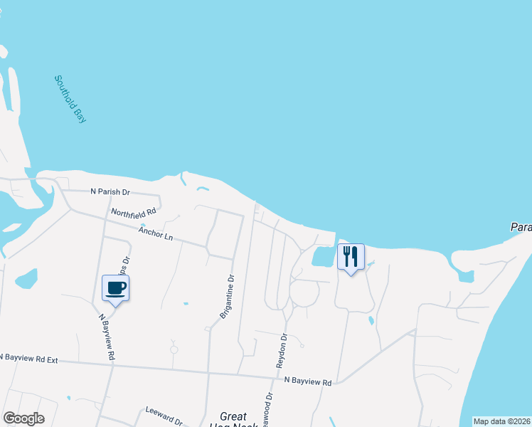 map of restaurants, bars, coffee shops, grocery stores, and more near 710 West Shore Drive in Southold