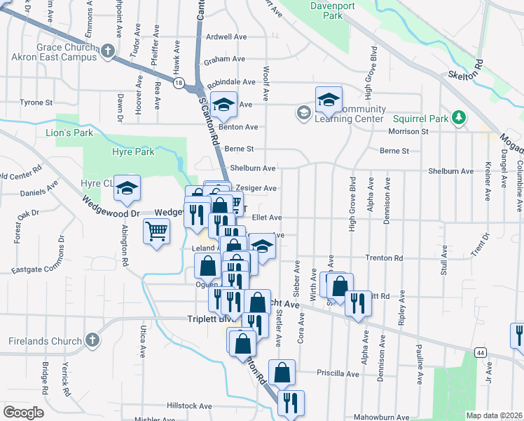 map of restaurants, bars, coffee shops, grocery stores, and more near 2601 Zesiger Avenue in Akron