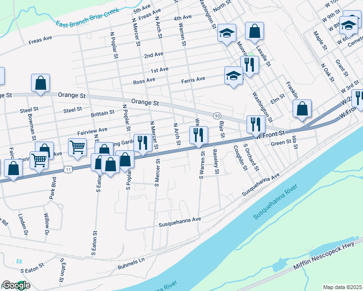 map of restaurants, bars, coffee shops, grocery stores, and more near 106 North Arch Street in Berwick