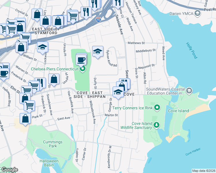 map of restaurants, bars, coffee shops, grocery stores, and more near 60 Palmer Avenue in Stamford
