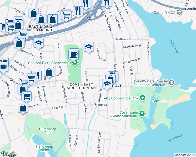 map of restaurants, bars, coffee shops, grocery stores, and more near 60 Palmer Avenue in Stamford