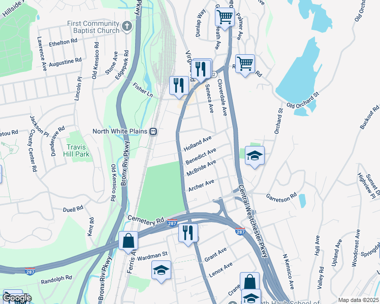 map of restaurants, bars, coffee shops, grocery stores, and more near 492 North Broadway in White Plains