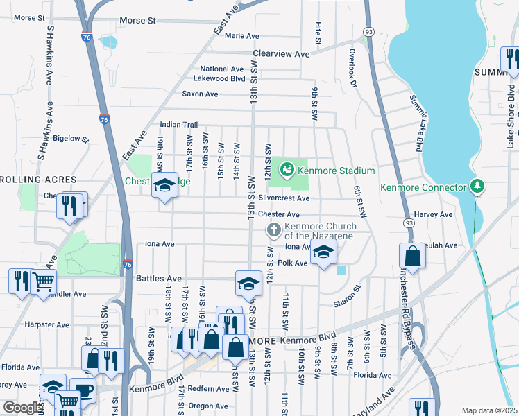 map of restaurants, bars, coffee shops, grocery stores, and more near 835 Silvercrest Avenue in Akron