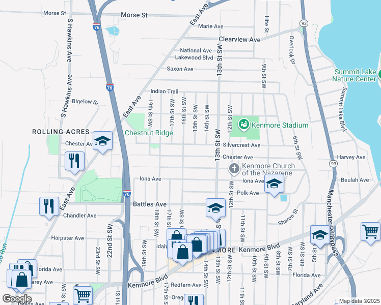 map of restaurants, bars, coffee shops, grocery stores, and more near 915 Silvercrest Avenue in Akron