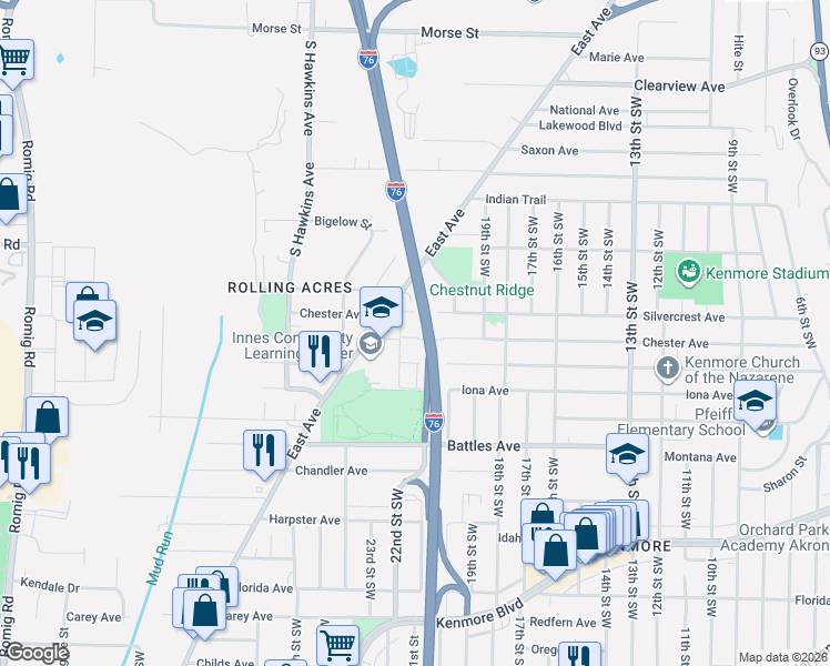 map of restaurants, bars, coffee shops, grocery stores, and more near 1092 Silvercrest Avenue in Akron