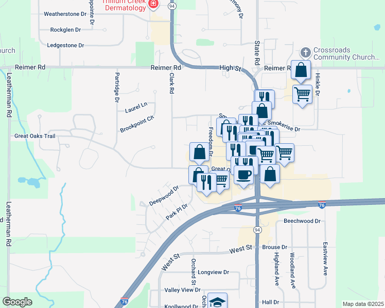 map of restaurants, bars, coffee shops, grocery stores, and more near 230 Great Oaks Trail in Wadsworth