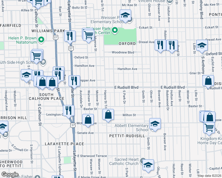 map of restaurants, bars, coffee shops, grocery stores, and more near 725 East Rudisill Boulevard in Fort Wayne