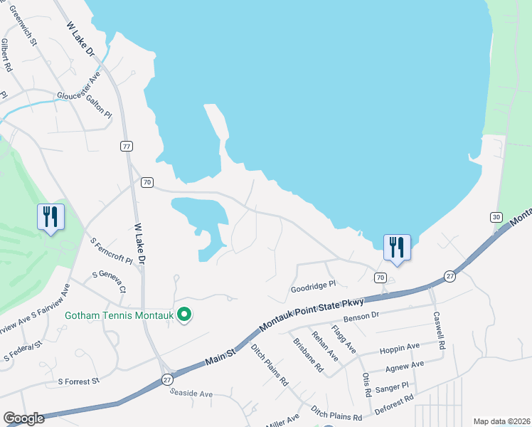 map of restaurants, bars, coffee shops, grocery stores, and more near 102 Old West Lake Drive in Montauk
