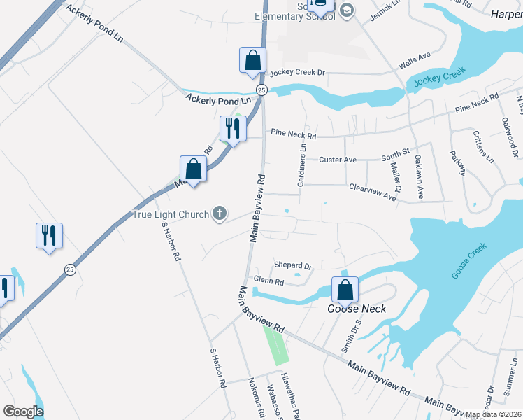 map of restaurants, bars, coffee shops, grocery stores, and more near 80 Clearview Avenue West in Southold