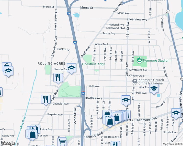 map of restaurants, bars, coffee shops, grocery stores, and more near 1043 Silvercrest Avenue in Akron
