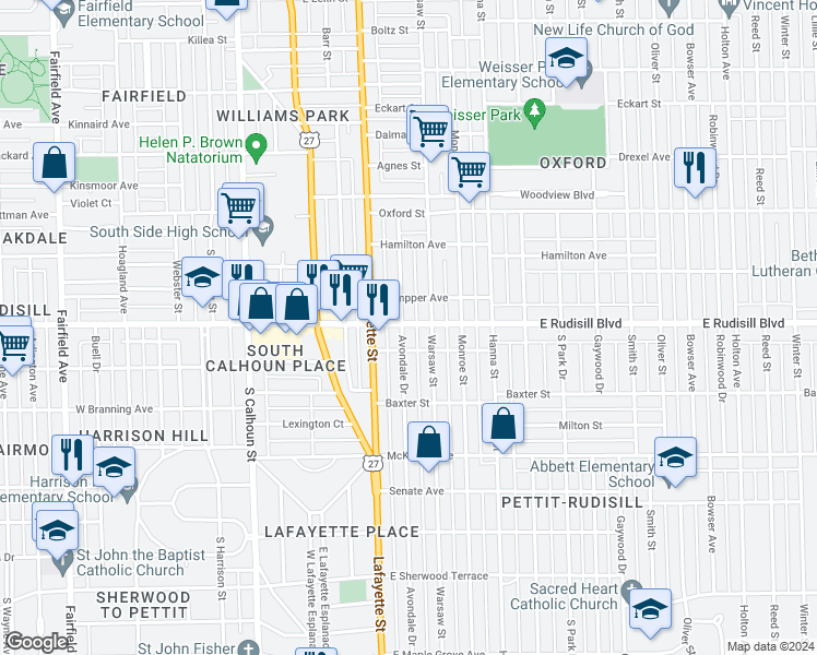 map of restaurants, bars, coffee shops, grocery stores, and more near 3905 Avondale Drive in Fort Wayne
