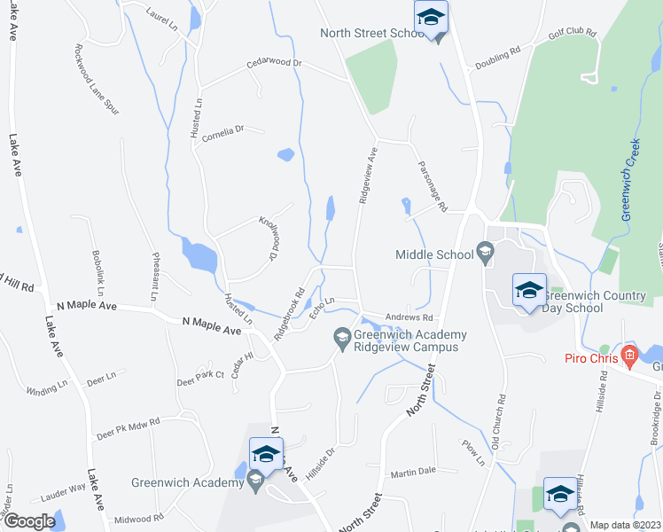 map of restaurants, bars, coffee shops, grocery stores, and more near 23 Ridgebrook Road in Greenwich
