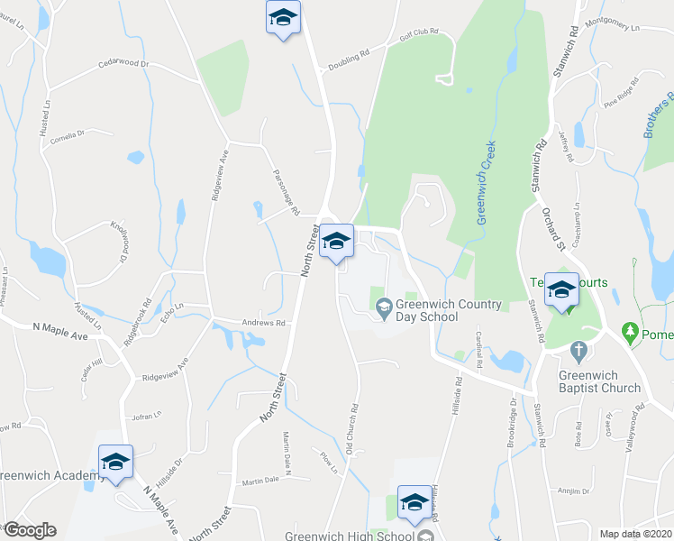 map of restaurants, bars, coffee shops, grocery stores, and more near 401 Old Church Road in Greenwich