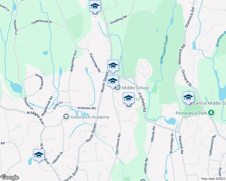 map of restaurants, bars, coffee shops, grocery stores, and more near 401 Old Church Road in Greenwich