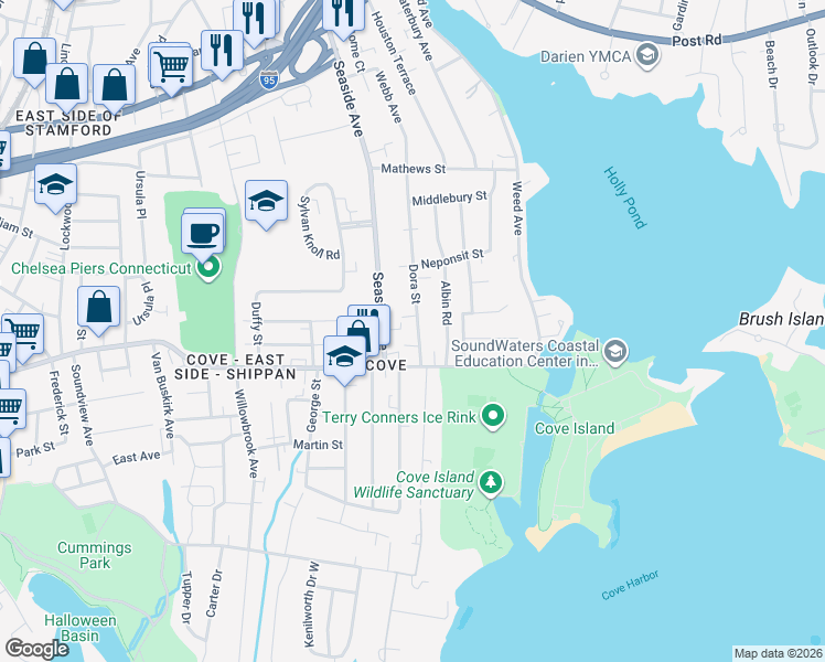 map of restaurants, bars, coffee shops, grocery stores, and more near 39 Dora Street in Stamford