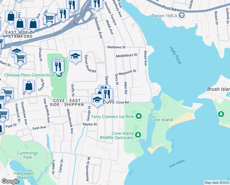 map of restaurants, bars, coffee shops, grocery stores, and more near 39 Dora Street in Stamford