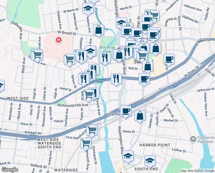 map of restaurants, bars, coffee shops, grocery stores, and more near 53 Clinton Avenue in Stamford