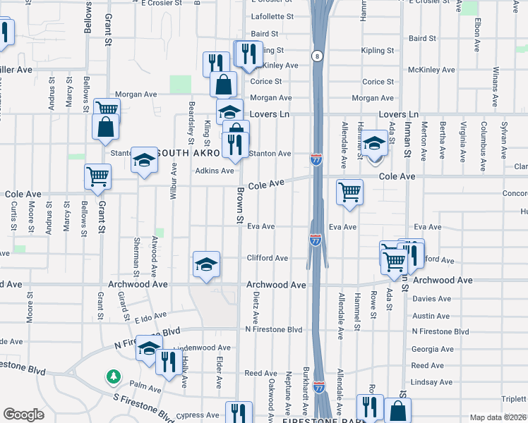 map of restaurants, bars, coffee shops, grocery stores, and more near 1138 Herberich Avenue in Akron