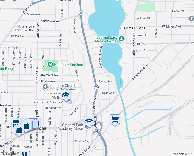 map of restaurants, bars, coffee shops, grocery stores, and more near 521 Rothrock Avenue in Akron