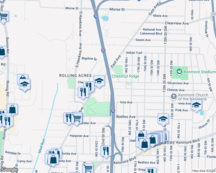 map of restaurants, bars, coffee shops, grocery stores, and more near 1092 Silvercrest Avenue in Akron