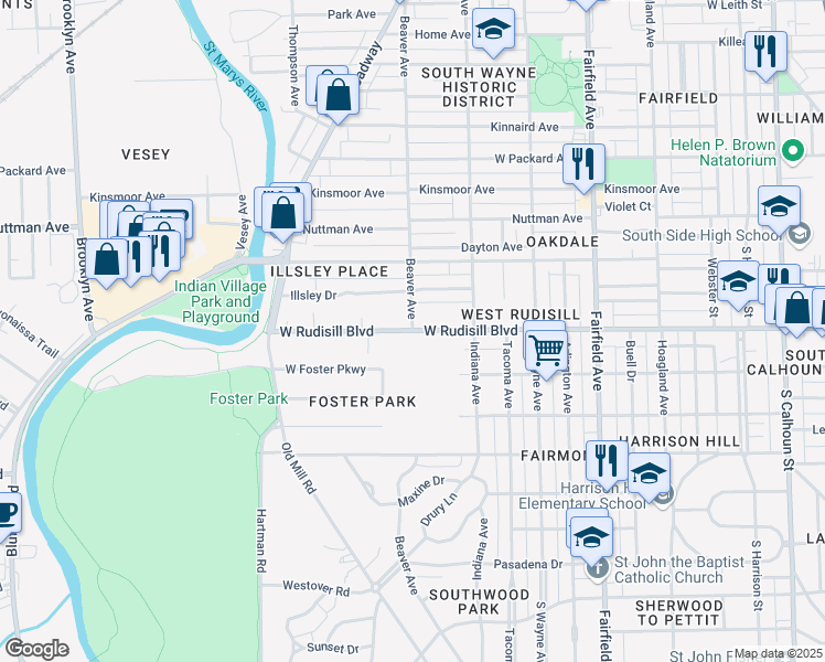 map of restaurants, bars, coffee shops, grocery stores, and more near 3822 Beaver Avenue in Fort Wayne