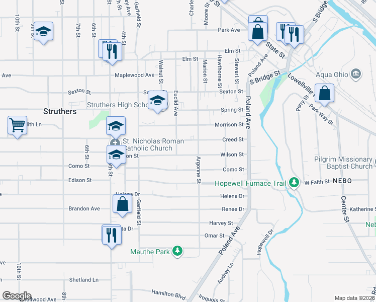 map of restaurants, bars, coffee shops, grocery stores, and more near 126 Creed Street in Struthers