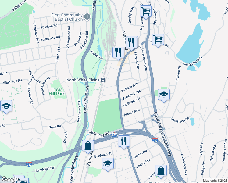 map of restaurants, bars, coffee shops, grocery stores, and more near 499 North Broadway in White Plains