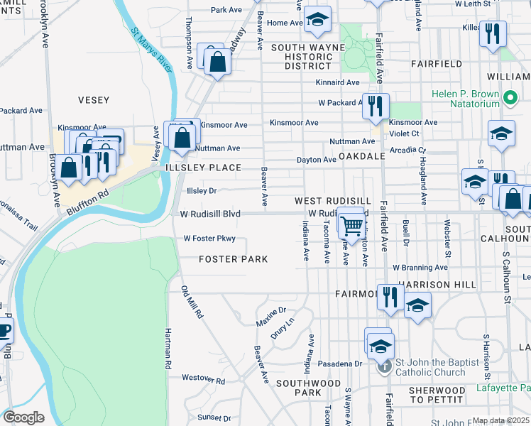 map of restaurants, bars, coffee shops, grocery stores, and more near Beaver Avenue in Fort Wayne