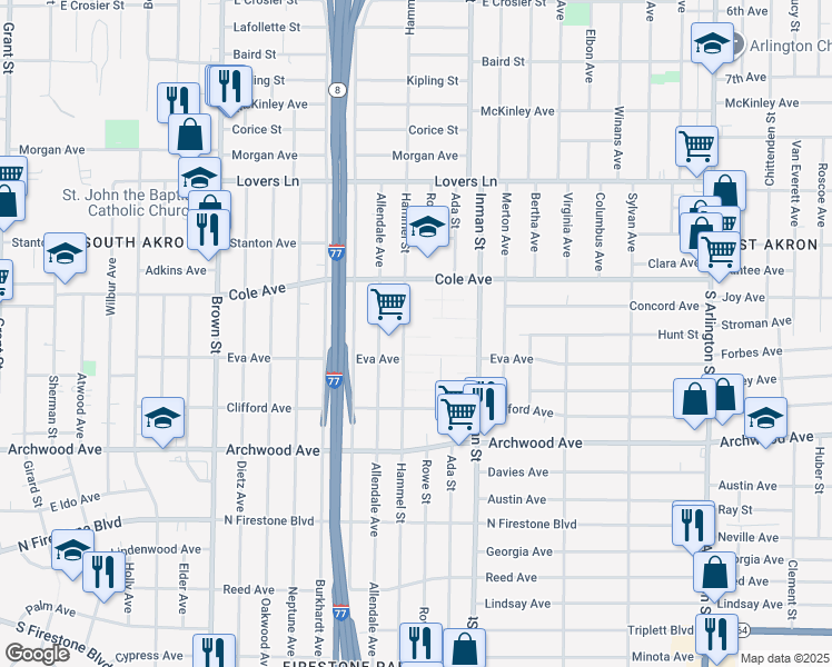 map of restaurants, bars, coffee shops, grocery stores, and more near 725 Wren Walk in Akron