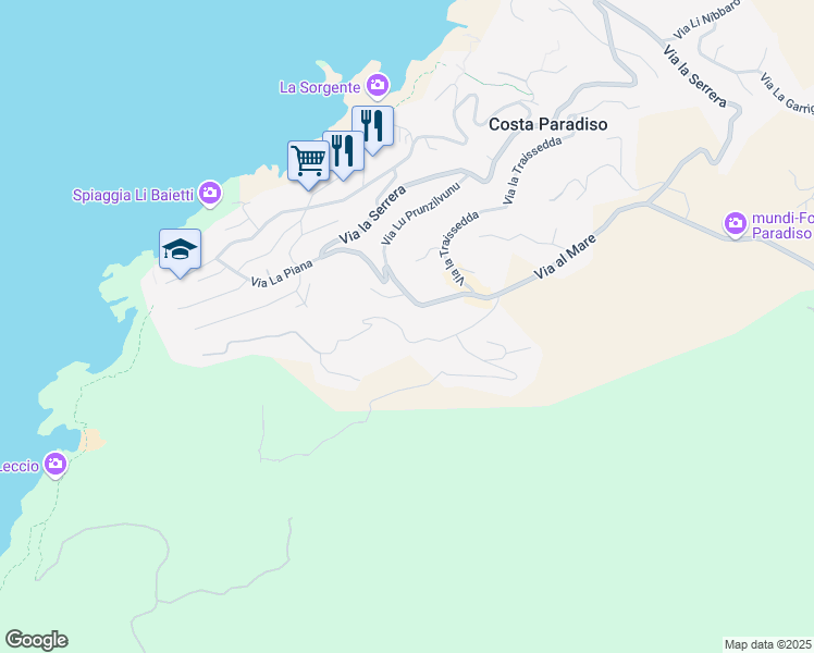 map of restaurants, bars, coffee shops, grocery stores, and more near 19 Via al Mare in Costa Paradiso