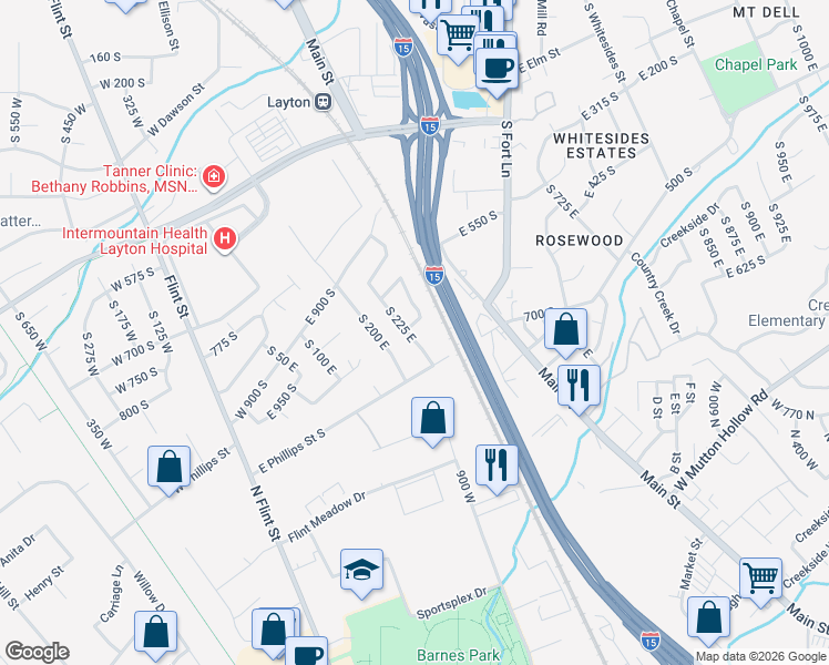 map of restaurants, bars, coffee shops, grocery stores, and more near 239 East 975 South in Layton