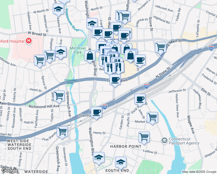 map of restaurants, bars, coffee shops, grocery stores, and more near in Stamford
