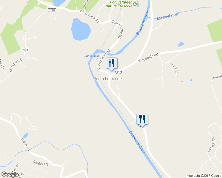 map of restaurants, bars, coffee shops, grocery stores, and more near Rte 447 in East Stroudsburg