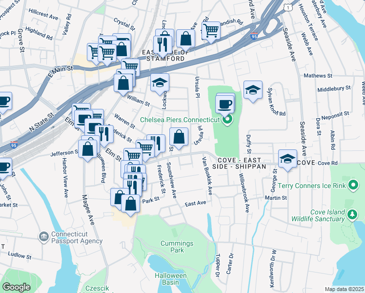 map of restaurants, bars, coffee shops, grocery stores, and more near 13 Raymond Street in Stamford