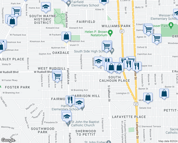 map of restaurants, bars, coffee shops, grocery stores, and more near W Rudisill Blvd & Webster St in Fort Wayne