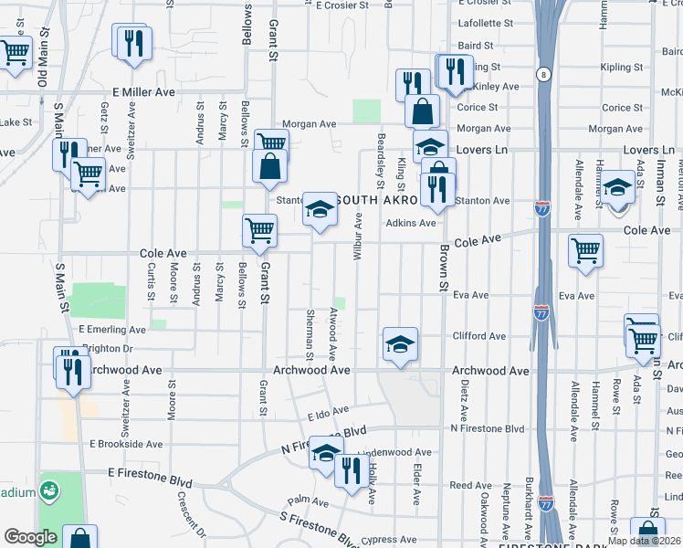 map of restaurants, bars, coffee shops, grocery stores, and more near 1186 Wilbur Avenue in Akron