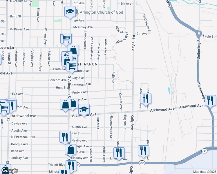 map of restaurants, bars, coffee shops, grocery stores, and more near 1169 Forbes Avenue in Akron
