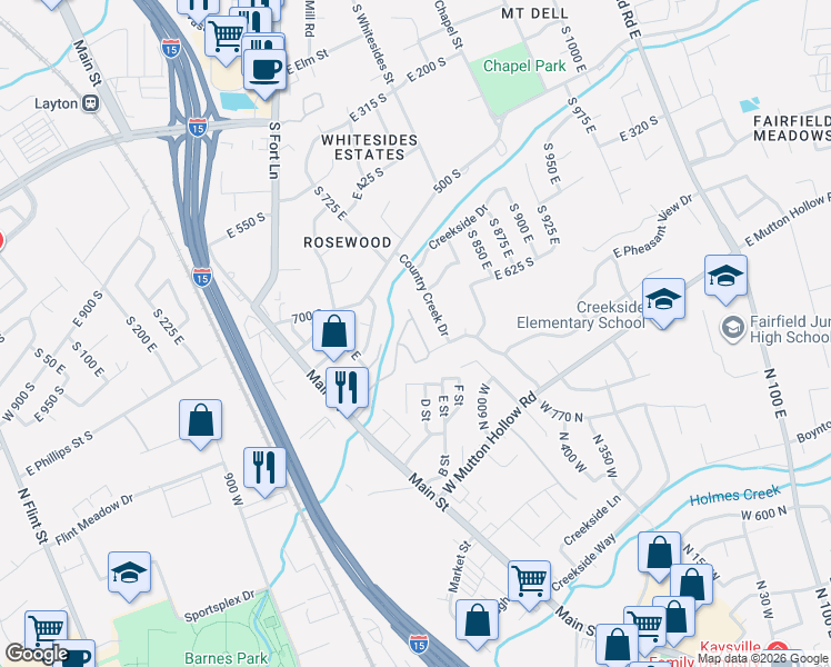 map of restaurants, bars, coffee shops, grocery stores, and more near 696 South Clearwater Falls Drive in Layton