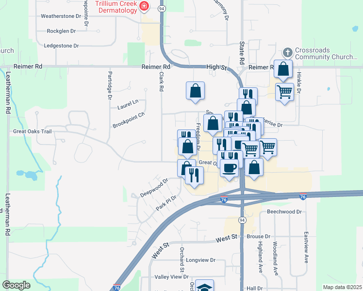 map of restaurants, bars, coffee shops, grocery stores, and more near 230 Great Oaks Trail in Wadsworth