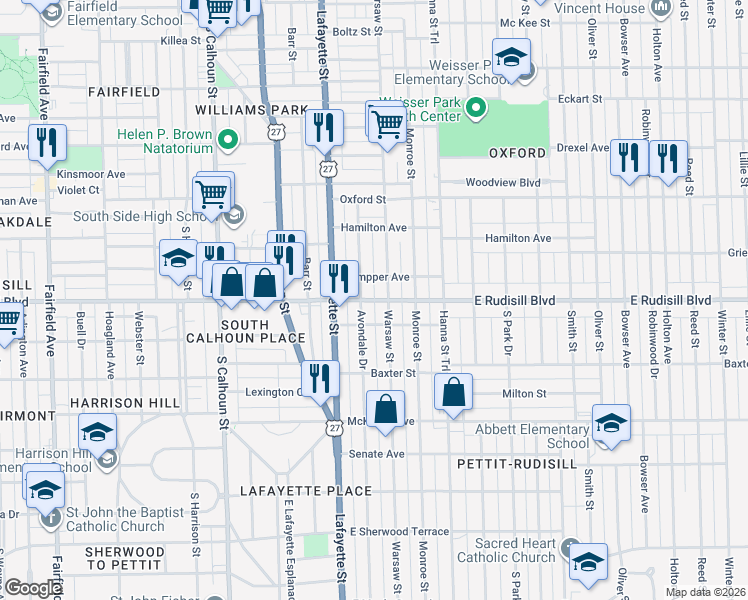 map of restaurants, bars, coffee shops, grocery stores, and more near 515 East Rudisill Boulevard in Fort Wayne